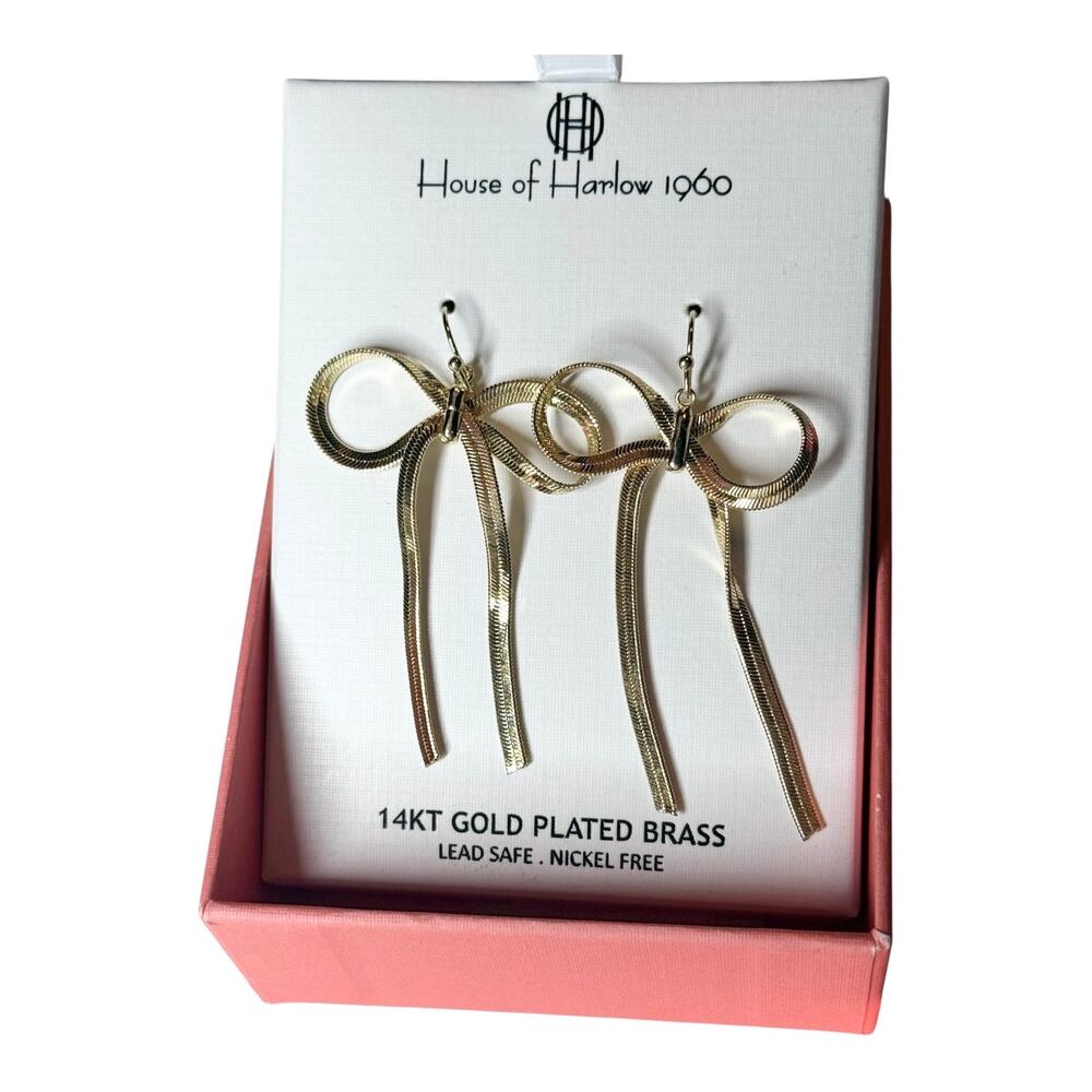 House of Harlow 1960 Bow Earrings 14K Gold Plate Brass Omega Chain Ribbon Drop
